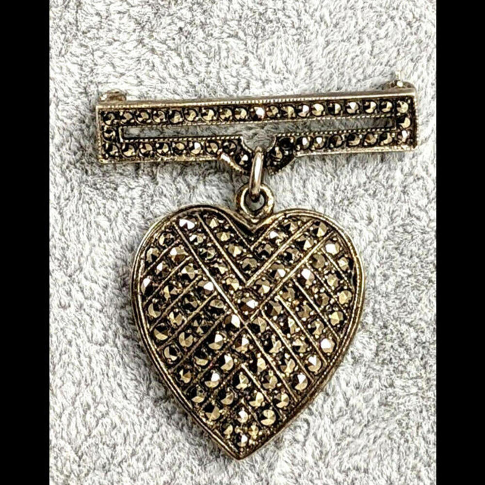 Vintage Sterling Silver And Marcasite Heart Brooch Filigree Back 925